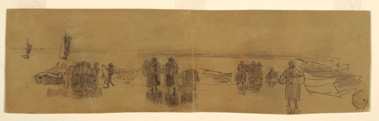 Dessin, plage avec quatre bateaux de pêche, Cullercoats, Angleterre, 1881-82