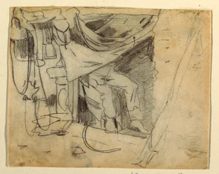 Dessin, devant une hutte de l