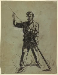 Dessin, soldat de cavalerie chargeant un fusil, 1863-64