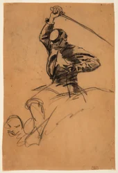 Dessin, soldat de cavalerie avec une épée à cheval, 1863