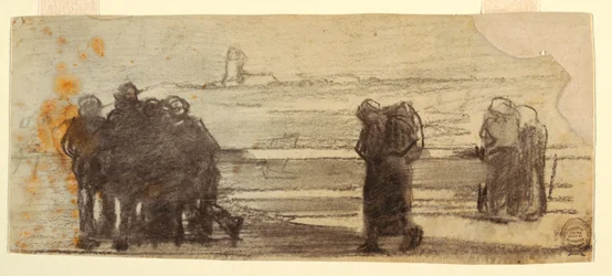 Dessin, figures surplombant une baie et un petit bateau, Cullercoats, Angleterre, 1881-82