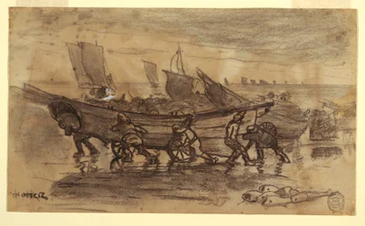 Dessin, pêcheurs échouant un doris, Cullercoats, Angleterre, 1881