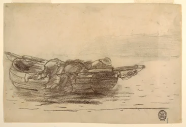 Dessin, pêcheurs escaladant les plats-bords, Cullercoats, Angleterre, 1881-82