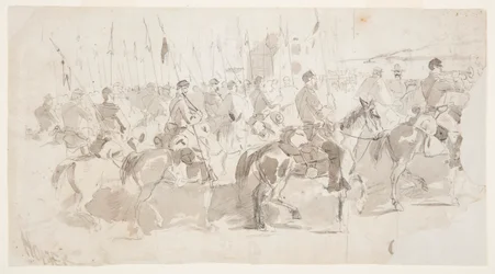 Dessin, Sixième régiment de cavalerie du général McClellan embarquant à Alexandria pour Old Point Comfort, 2 avril 1862