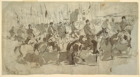 Dessin, Sixième régiment de cavalerie du général McClellan embarquant à Alexandria pour Old Point Comfort, 2 avril 1862