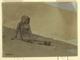 Dessin, jeune fille assise sur une colline, 1878