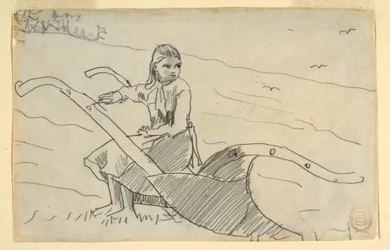 Dessin, jeune fille assise sur une charrue, 1879