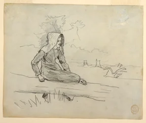 Dessin, Jeune fille assise sur un tronc d