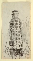 Dessin, fille avec un seau à lunch, 1879