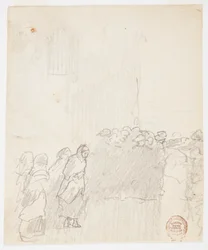 Dessin, hommes et femmes regardant la mer, Cullercoats, Angleterre, 1881