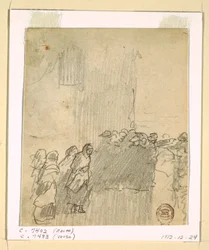 Dessin, hommes et femmes regardant la mer, Cullercoats, Angleterre, 1881