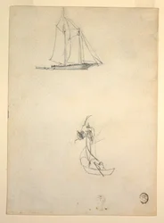 Dessin, goélette et trois dériveurs, 1881