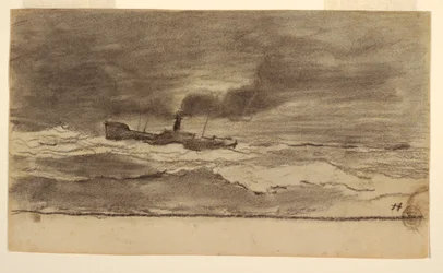 Dessin, paysage marin avec chalutier, Cullercoats, Angleterre, 1881-82