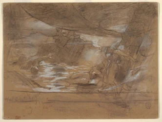 Dessin, pont de navire avec deux femmes, peut-être 15 juillet 1886