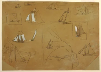 Dessin, Esquisses de bateaux à voile, Cullercoats, Angleterre, 1881-82