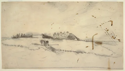 Dessin, trois bateaux avec des pêcheurs tendant un filet, 1881-82