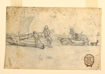 Dessin, Deux bateaux sur la plage avec des personnages, Cullercoats, Angleterre, 1881-82