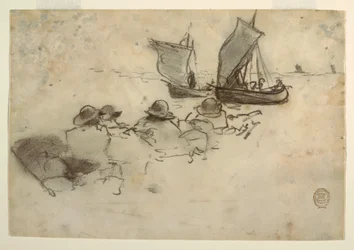Dessin, deux bateaux de pêche avec des voiles, Cullercoats, Angleterre, 1881-82