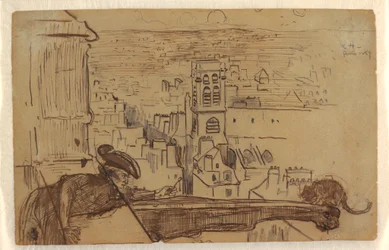 Dessin, Vue de Paris avec un parapet de la tour de la cathédrale Notre-Dame, 1867