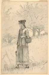 Dessin, Jeune femme marchant dans un champ, 1879