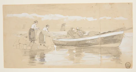 Pêcheur et femmes rangeant des filets dans une doris échouée, Cullercoats, Angleterre