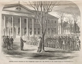 Le général Thomas prêtant serment aux volontaires appelés au service des États-Unis..., 1861
