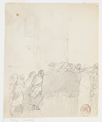 Hommes et femmes regardant la mer, Cullercoats, Angleterre