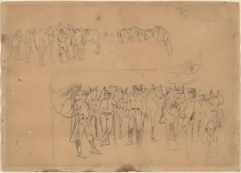 Officiers et chevaux au repos