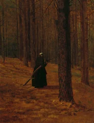 Vieille femme ramassant des broussailles