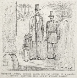 Le président Lincoln, le général Grant et Tad Lincoln dans une gare