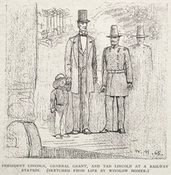 Le président Lincoln, le général Grant et Tad Lincoln à une gare, 1887