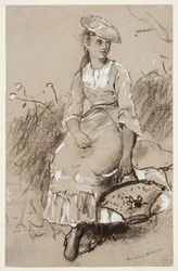 Fille assise avec un panier