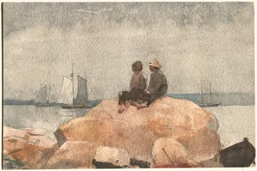 Deux garçons regardant des goélettes