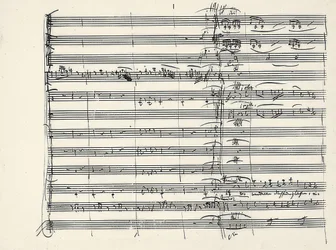 Wolfgang Amadeus Mozart (1756-1791) compositeur autrichien. Autographe de la fin de la musique du feu et du début du duo de Pamina et Tamino (Nous avons traversé les flammes) de La Flûte enchantée. 1791