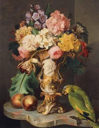 Nature morte avec un vase de fleurs variées, pêches et un perroquet sur un rebord de marbre