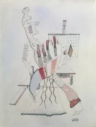 Personnage appuyé sur deux tables