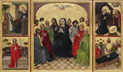Retable du Saint-Esprit ouvert. Pentecôte, Annonciation, Nativité, Résurrection du Christ et Mort de la Vierge