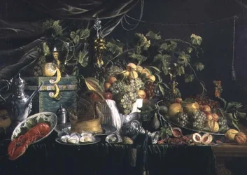 Nature morte avec fruits, une tourte de faisan et un homard
