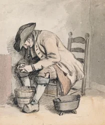 Un homme assis penché sur un seau ; trois femmes (dans l