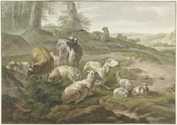Boucs et moutons dans un paysage vallonné