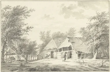 Paysage avec ferme et femme avec panier