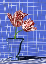Tulipes rouges, grille bleue