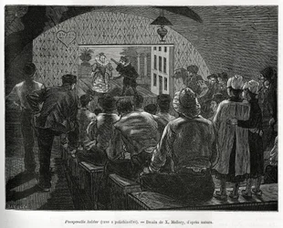 Cave à Polichinelles, une cave conçue pour des spectacles de marionnettes. Gravure par X. Mellery, pour illustrer l