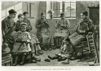 Le tressage de la paille à Sluze. Gravure de Xavier Mellery pour illustrer le récit La Belgique, par Camille Lemonnier, dans Le Tour du monde 1886, dirigé par Édouard Charton (1807-1890), Hachette, Paris.