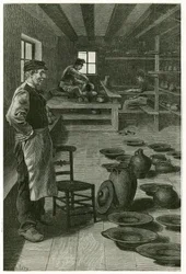 Le potier de Terneuzen, dans son atelier, encombré de vases et de plats (illustration de La Belgique par Camille Lemonnier)
