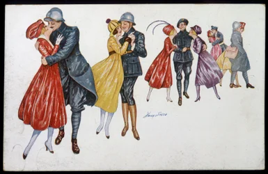 Militaires et leurs fiancées, marraines ou amies - illustration par Xavier Sager (1870-1930) carte postale, vers 1915