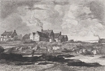 Paysage de campagne avec une rivière à droite et des maisons en arrière-plan