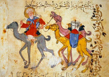 Caravane de chameaux dans le désert (Caravane). Miniature des « Maqamat » (Séances) d