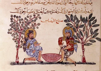 La fabrication du plomb Page de « Maqamat » (Séances), poème picaresque du 11e siècle par le poète arabe Abu Mohammed al-Kasim ibn Ali Hariri (ou Al-Hariri ou Al Hariri) (1054-1122) illustré par Al-Wasiti (al-Wasiti)