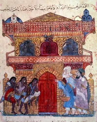 Le bourgeois al-Harith (Al Harith), fils de Hammam, et le navigateur errant Abu-Zayd (Abu Zayd) devant le palais du roi. Miniature du "Maqamat" (Séances) d